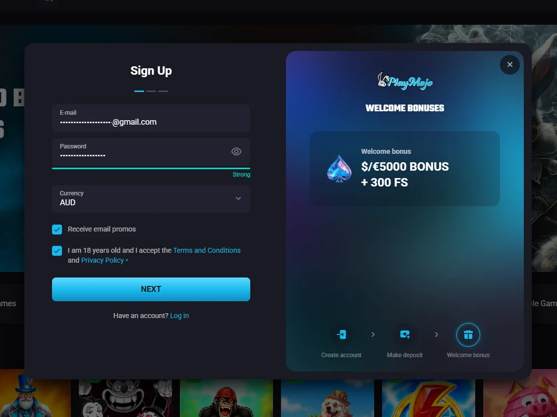 Registration stage one form with email, password, AUD currency and consent checkboxes